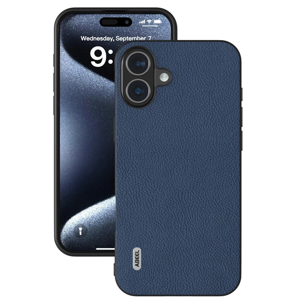 ABEEL For iPhone 16 Cases Genuine Cow Leather+PC+TPU Phone Cover - Blue - 2