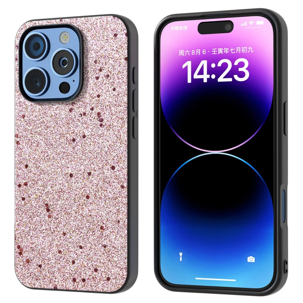 For iPhone 16 Pro Case Glitter Design PU+PC+TPU Protective Phone Cover - Pink - 1