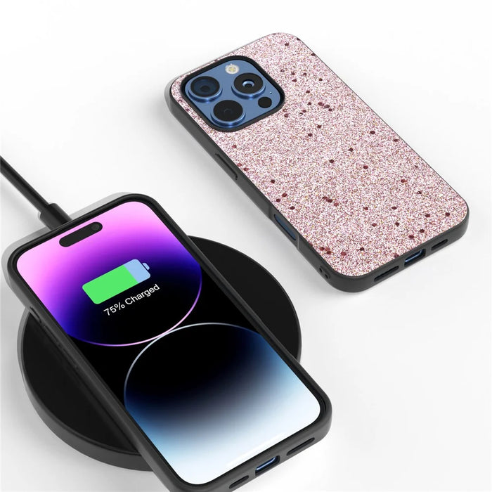 For iPhone 16 Pro Case Glitter Design PU+PC+TPU Protective Phone Cover - Pink - 5