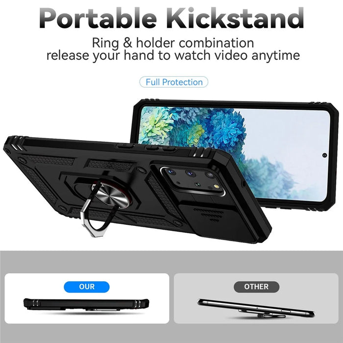 For Samsung Galaxy S20 Plus 4G / 5G Hard PC + Soft TPU Phone Case with Metal Ring Kickstand and Slide Camera Protection - Black - 2