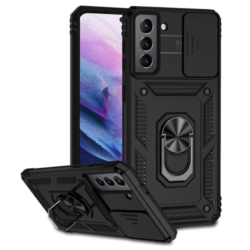 Metal Ring Kickstand Cover for Samsung Galaxy S21 4G / 5G, Hard PC + Soft TPU Slide Camera Protector Phone Case - Black - 1