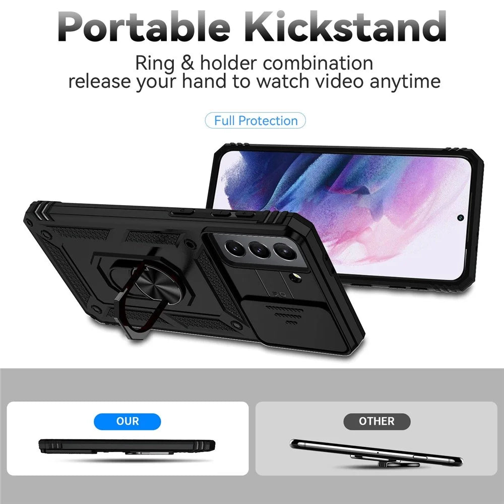 Metal Ring Kickstand Cover for Samsung Galaxy S21 4G / 5G, Hard PC + Soft TPU Slide Camera Protector Phone Case - Black - 2