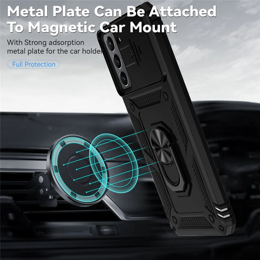 Metal Ring Kickstand Cover for Samsung Galaxy S21 4G / 5G, Hard PC + Soft TPU Slide Camera Protector Phone Case - Black - 3