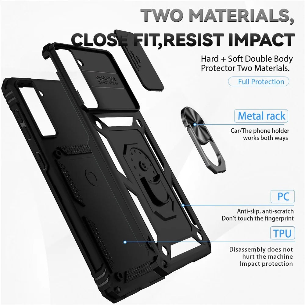 Metal Ring Kickstand Cover for Samsung Galaxy S21 4G / 5G, Hard PC + Soft TPU Slide Camera Protector Phone Case - Black - 4