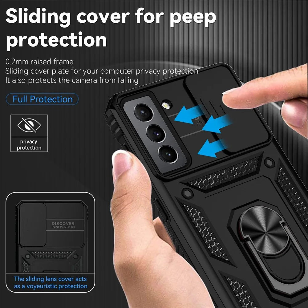 Metal Ring Kickstand Cover for Samsung Galaxy S21 4G / 5G, Hard PC + Soft TPU Slide Camera Protector Phone Case - Black - 5