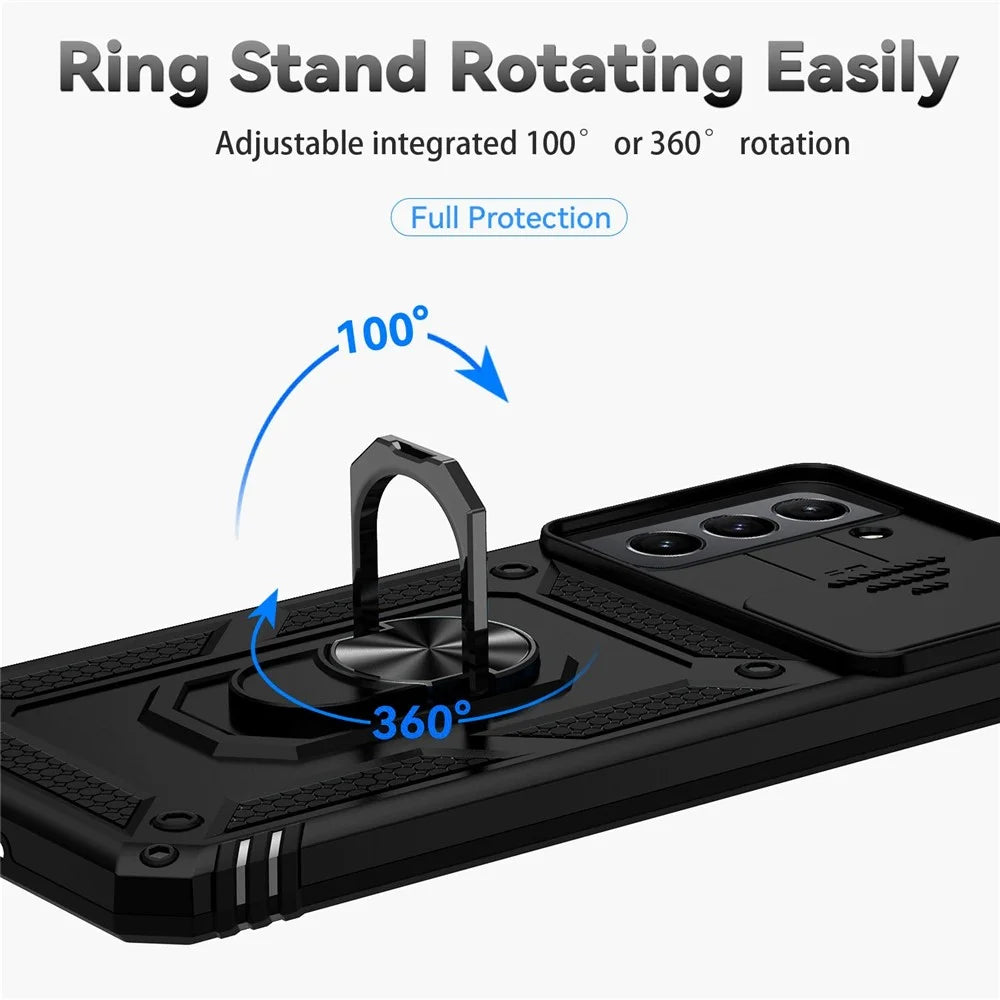 Metal Ring Kickstand Cover for Samsung Galaxy S21 4G / 5G, Hard PC + Soft TPU Slide Camera Protector Phone Case - Black - 6