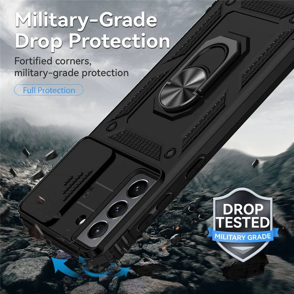 Metal Ring Kickstand Cover for Samsung Galaxy S21 4G / 5G, Hard PC + Soft TPU Slide Camera Protector Phone Case - Black - 7