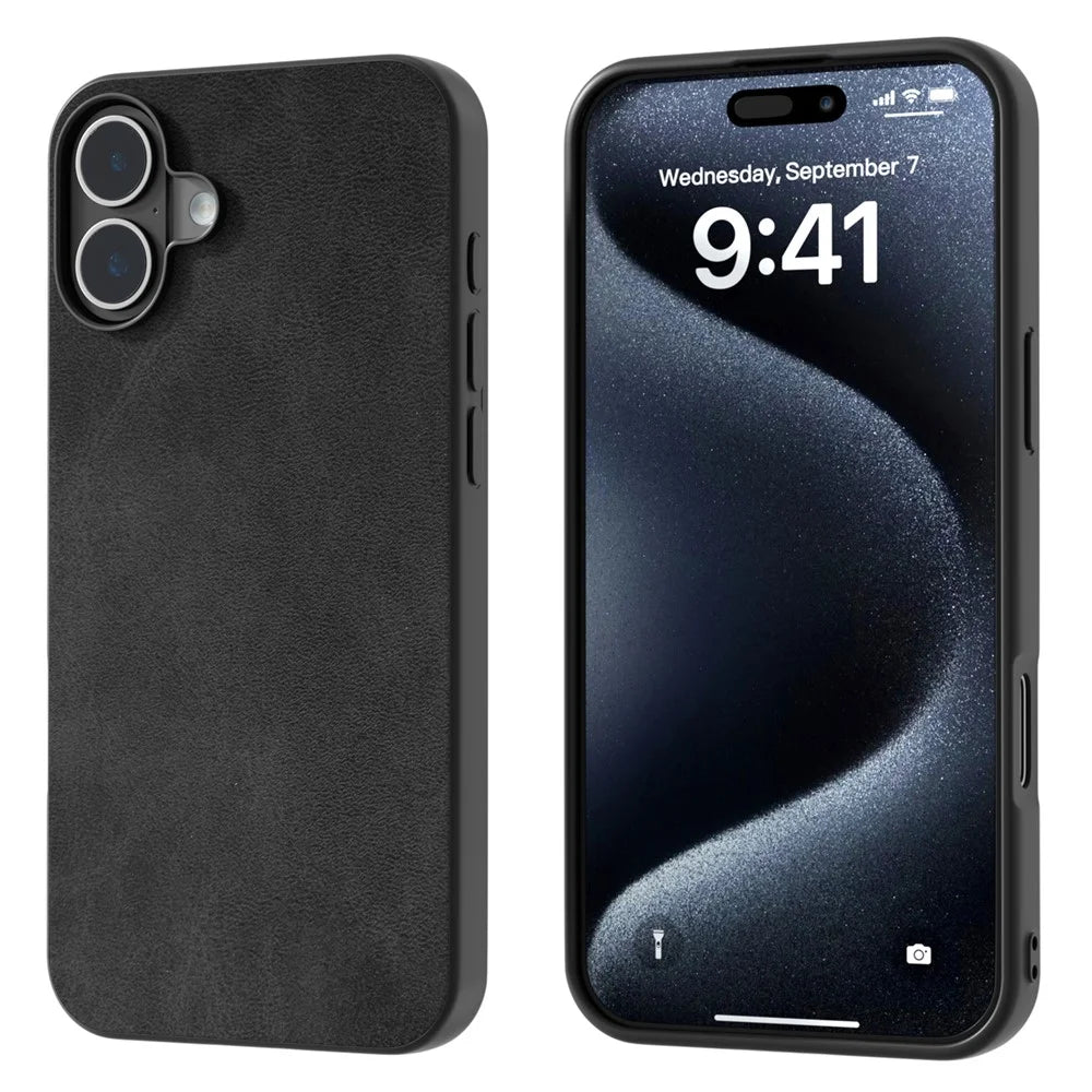 For iPhone 16 Plus Case Cowhide Texture PU+TPU+PC Protective Phone Cover - Black - 1