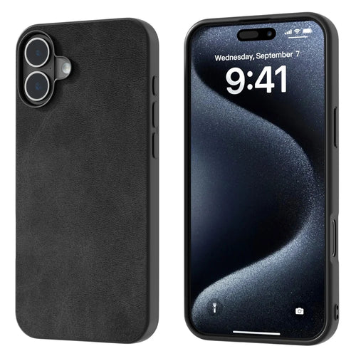 For iPhone 16 Plus Case Cowhide Texture PU+TPU+PC Protective Phone Cover - Black - 1