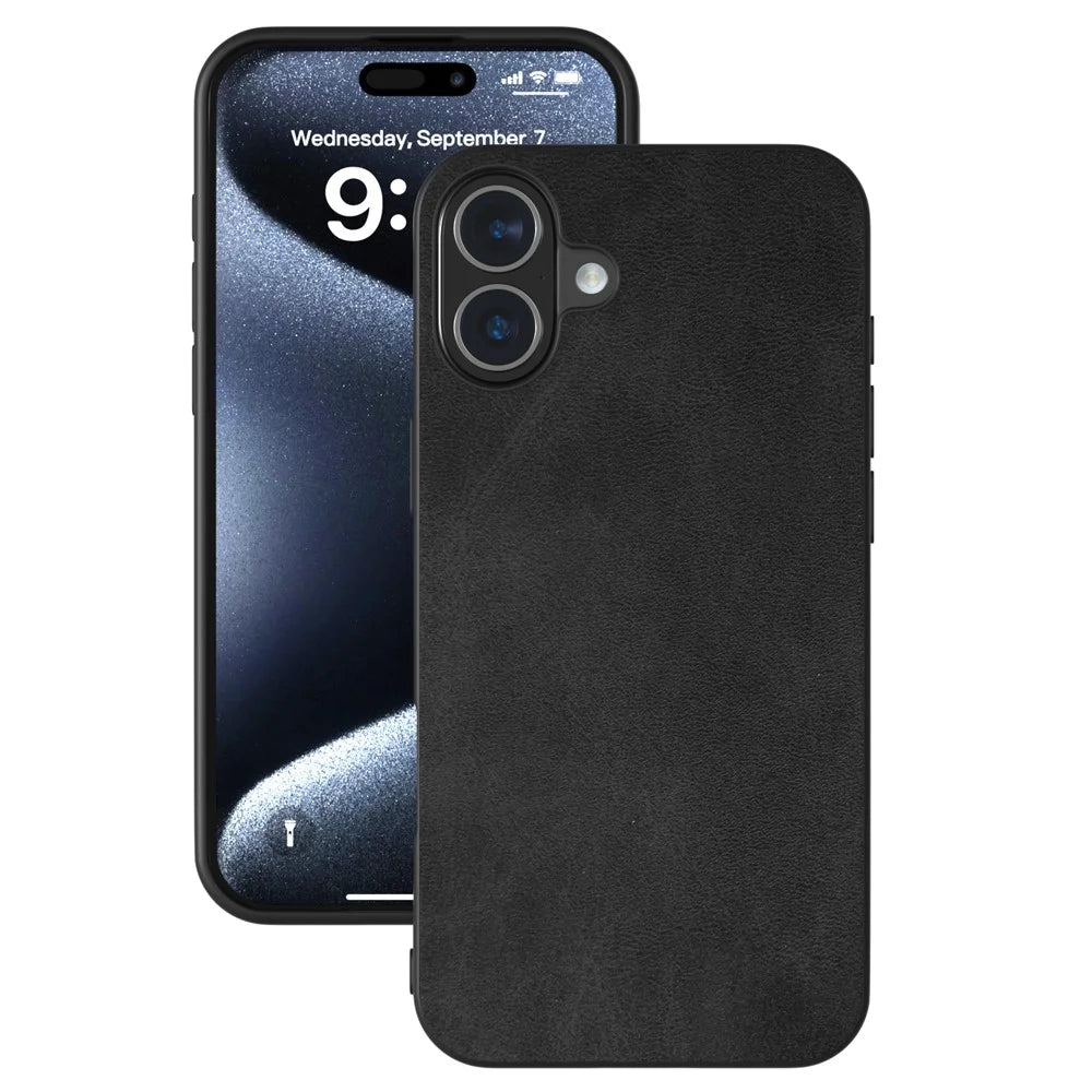 For iPhone 16 Plus Case Cowhide Texture PU+TPU+PC Protective Phone Cover - Black - 2