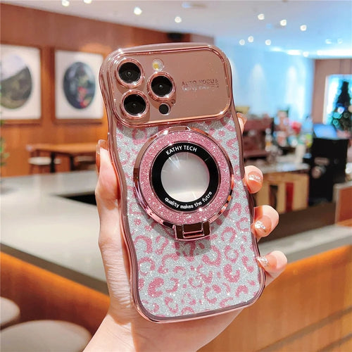 For iPhone 16 Pro Max Magnetic Case Curly Frame TPU Leopard Print Glitter Phone Cover Kickstand - Rose Pink - 1