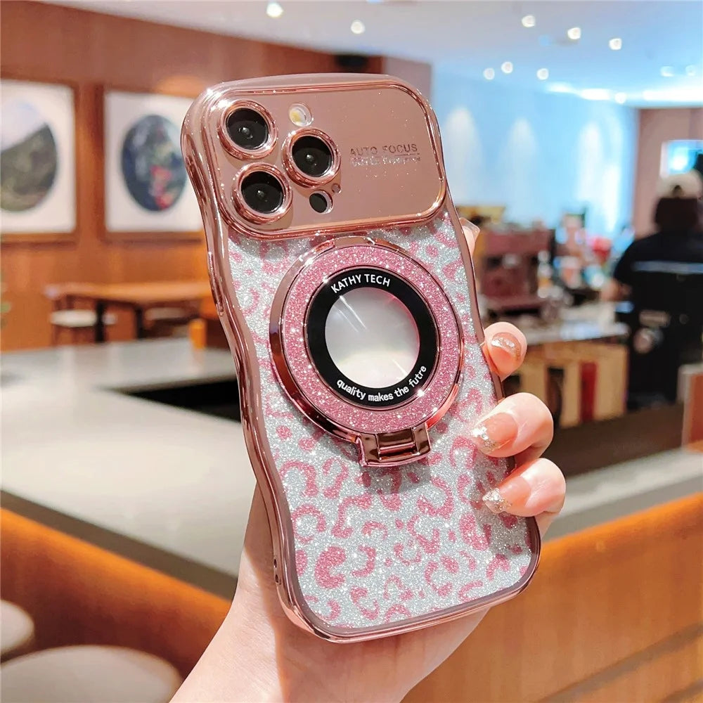 For iPhone 16 Pro Max Magnetic Case Curly Frame TPU Leopard Print Glitter Phone Cover Kickstand - Rose Pink - 3