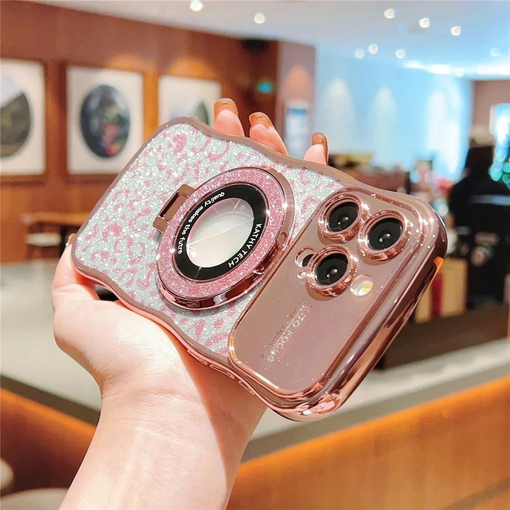 For iPhone 16 Pro Max Magnetic Case Curly Frame TPU Leopard Print Glitter Phone Cover Kickstand - Rose Pink - 4