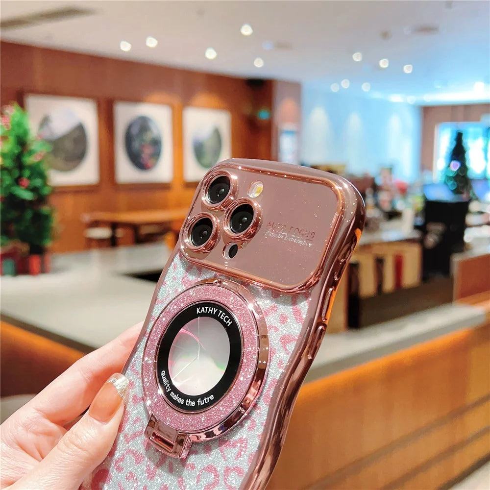 For iPhone 16 Pro Max Magnetic Case Curly Frame TPU Leopard Print Glitter Phone Cover Kickstand - Rose Pink - 5