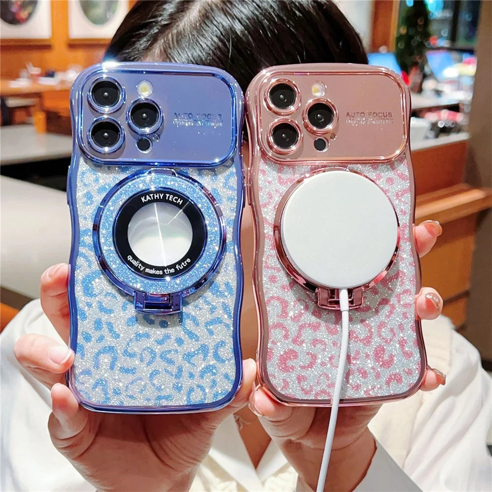 For iPhone 16 Pro Max Magnetic Case Curly Frame TPU Leopard Print Glitter Phone Cover Kickstand - Rose Pink - 7