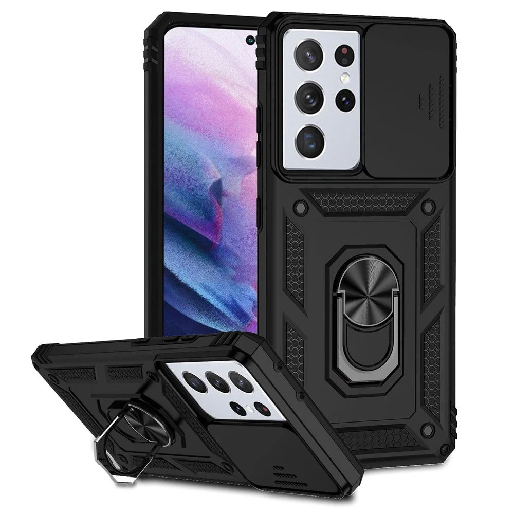 PC + TPU Hybrid Case for Samsung Galaxy S21 Ultra 5G, Slide Camera Protection Metal Ring Kickstand Phone Cover - Black - 1