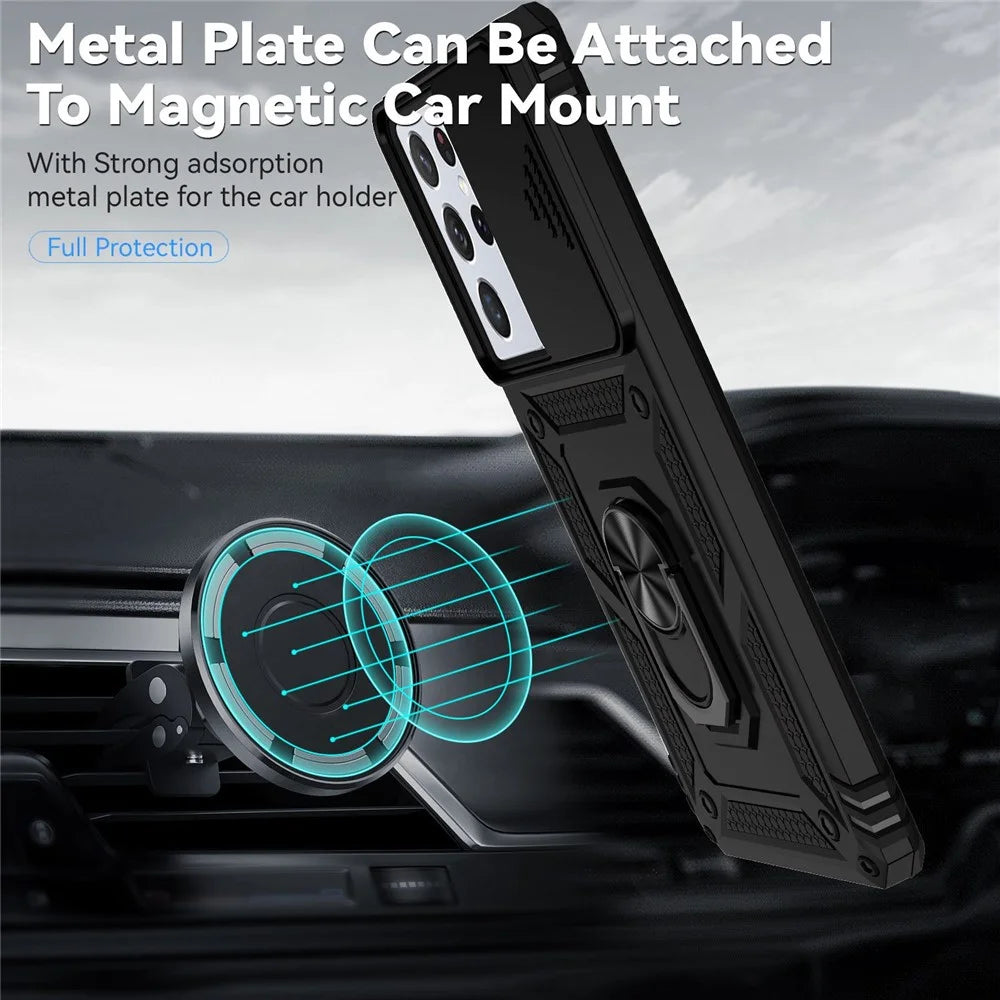 PC + TPU Hybrid Case for Samsung Galaxy S21 Ultra 5G, Slide Camera Protection Metal Ring Kickstand Phone Cover - Black - 3