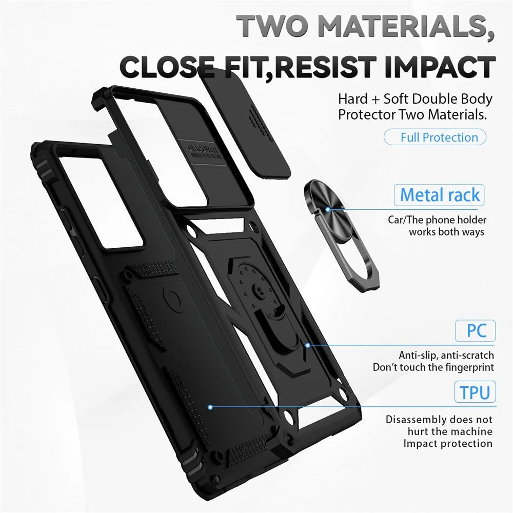 PC + TPU Hybrid Case for Samsung Galaxy S21 Ultra 5G, Slide Camera Protection Metal Ring Kickstand Phone Cover - Black - 4