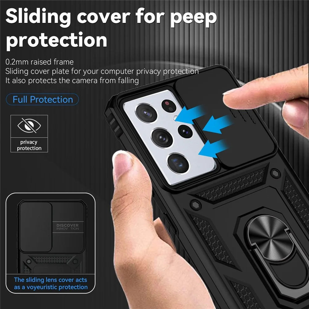 PC + TPU Hybrid Case for Samsung Galaxy S21 Ultra 5G, Slide Camera Protection Metal Ring Kickstand Phone Cover - Black - 5