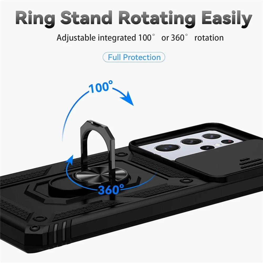 PC + TPU Hybrid Case for Samsung Galaxy S21 Ultra 5G, Slide Camera Protection Metal Ring Kickstand Phone Cover - Black - 6