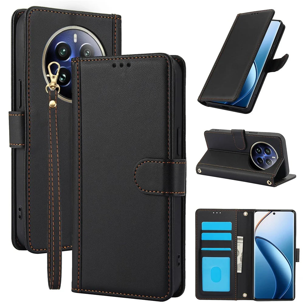 SY-003 For Realme 12 4G / 12+ 5G / Narzo 70 5G / Narzo 70 Pro 5G / P1 5G Case PU Leather Phone Wallet Cover with Hand Strap - Black - 1