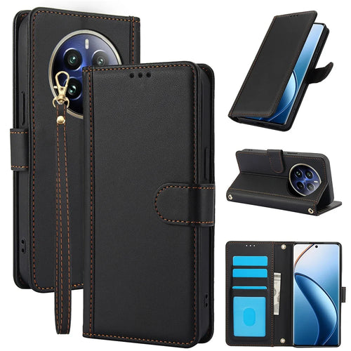 SY-003 For Realme 12 4G / 12+ 5G / Narzo 70 5G / Narzo 70 Pro 5G / P1 5G Case PU Leather Phone Wallet Cover with Hand Strap - Black - 1