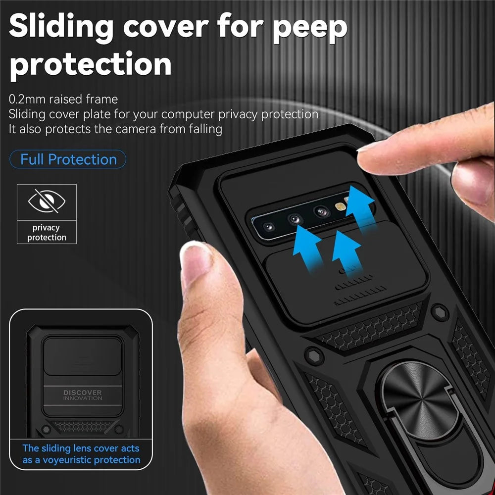 Slide Camera Protector Phone Case for Samsung Galaxy S10 Plus, PC + TPU Anti-drop Cover with Metal Ring Kickstand - Black - 5
