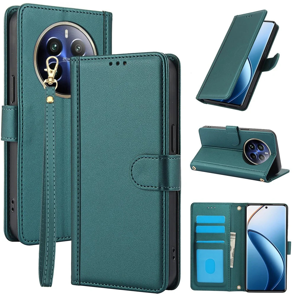 SY-003 For Realme P1 Pro 5G / 12 Pro+ 5G / 12 Pro 5G Case PU Leather Stand View Phone Wallet Cover with Hand Strap - Green - 1