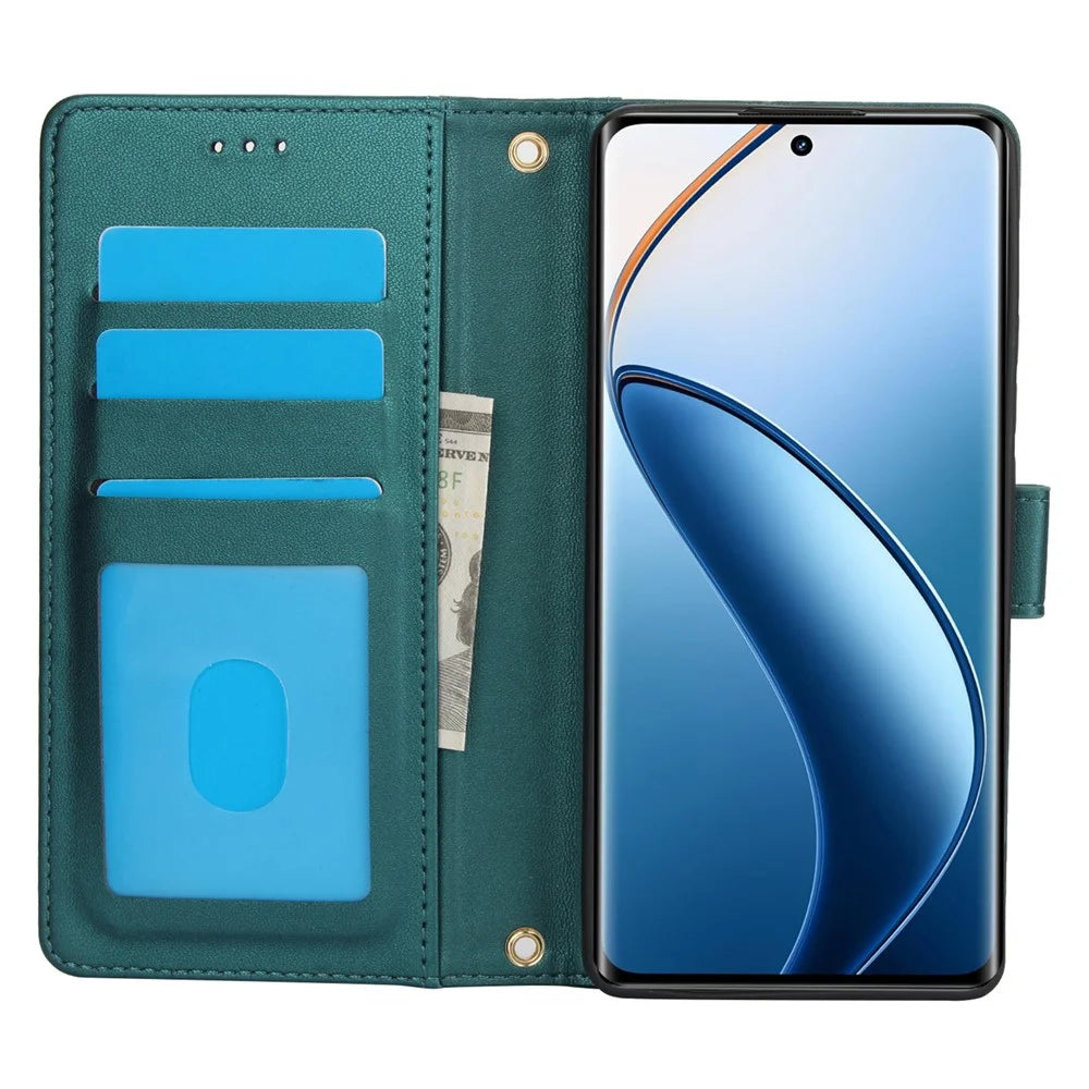SY-003 For Realme P1 Pro 5G / 12 Pro+ 5G / 12 Pro 5G Case PU Leather Stand View Phone Wallet Cover with Hand Strap - Green - 2