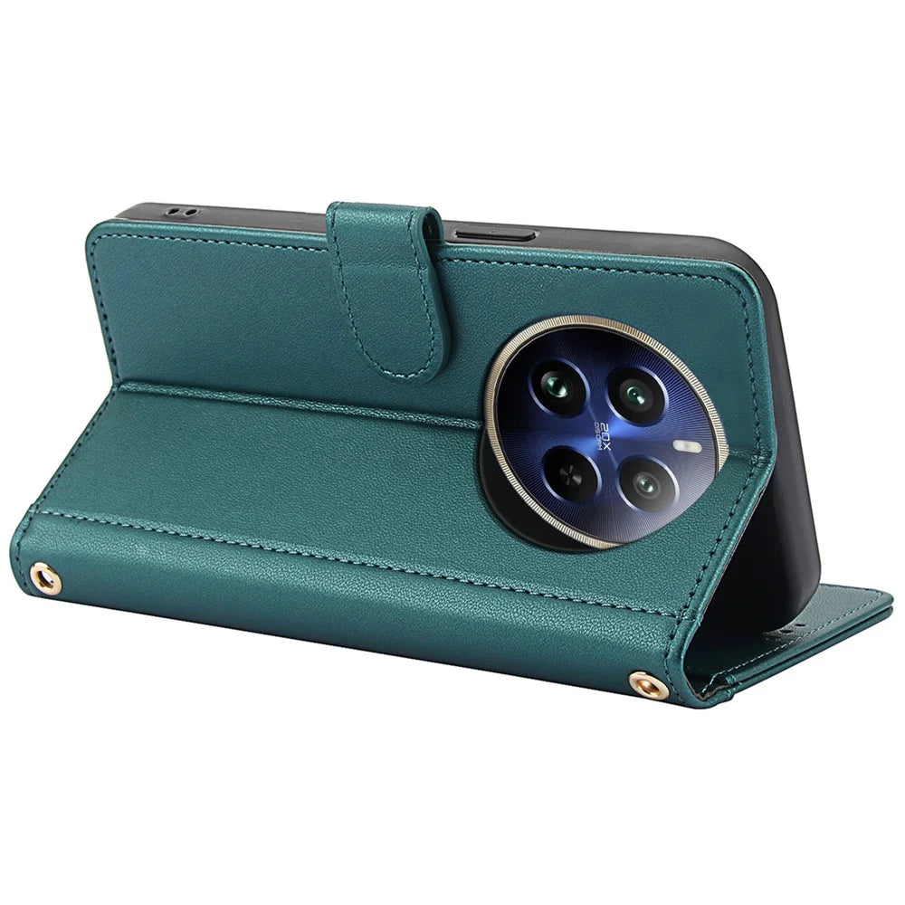 SY-003 For Realme P1 Pro 5G / 12 Pro+ 5G / 12 Pro 5G Case PU Leather Stand View Phone Wallet Cover with Hand Strap - Green - 3