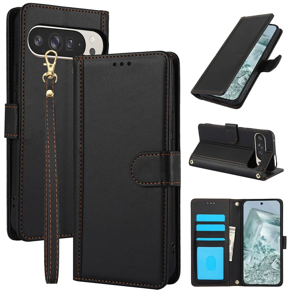 SY-003 For Google Pixel 9 Pro / Pixel 9 Case PU Leather Stand View Phone Wallet Cover with Hand Strap - Black - 1