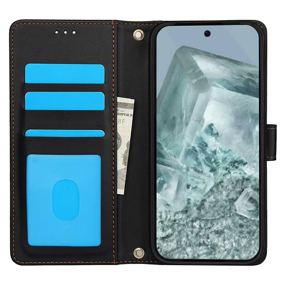 SY-003 For Google Pixel 9 Pro / Pixel 9 Case PU Leather Stand View Phone Wallet Cover with Hand Strap - Black - 2