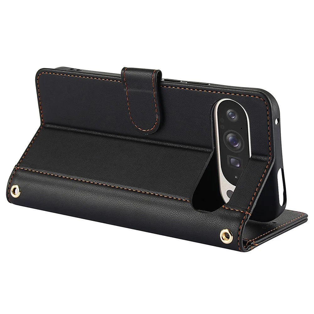 SY-003 For Google Pixel 9 Pro / Pixel 9 Case PU Leather Stand View Phone Wallet Cover with Hand Strap - Black - 3