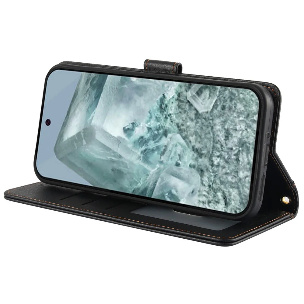 SY-003 For Google Pixel 9 Pro / Pixel 9 Case PU Leather Stand View Phone Wallet Cover with Hand Strap - Black - 4