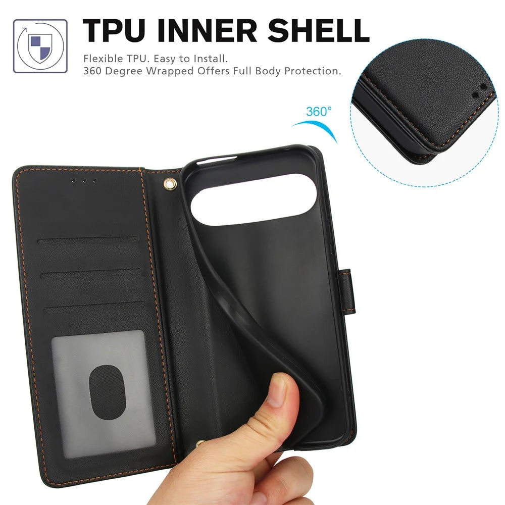SY-003 For Google Pixel 9 Pro / Pixel 9 Case PU Leather Stand View Phone Wallet Cover with Hand Strap - Black - 6