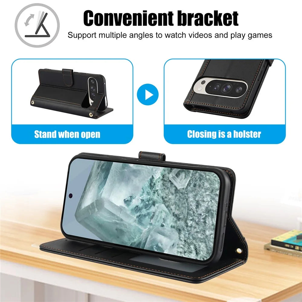 SY-003 For Google Pixel 9 Pro / Pixel 9 Case PU Leather Stand View Phone Wallet Cover with Hand Strap - Black - 7
