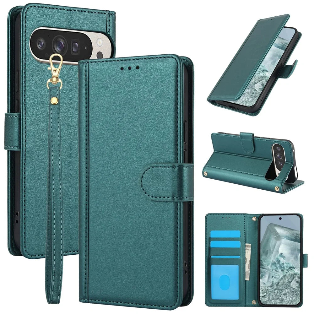 SY-003 For Google Pixel 9 Pro XL Case PU Leather Stand View Phone Wallet Cover with Hand Strap - Green - 1