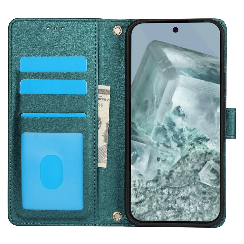 SY-003 For Google Pixel 9 Pro XL Case PU Leather Stand View Phone Wallet Cover with Hand Strap - Green - 2
