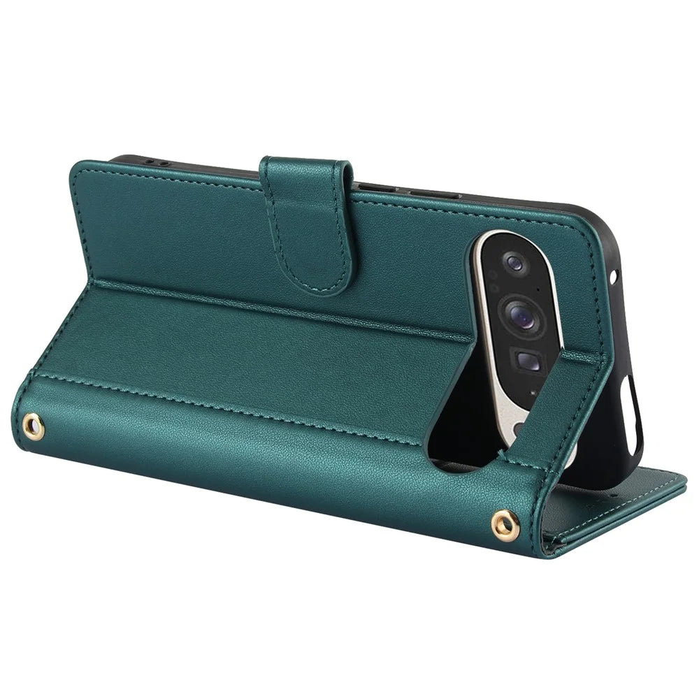 SY-003 For Google Pixel 9 Pro XL Case PU Leather Stand View Phone Wallet Cover with Hand Strap - Green - 3