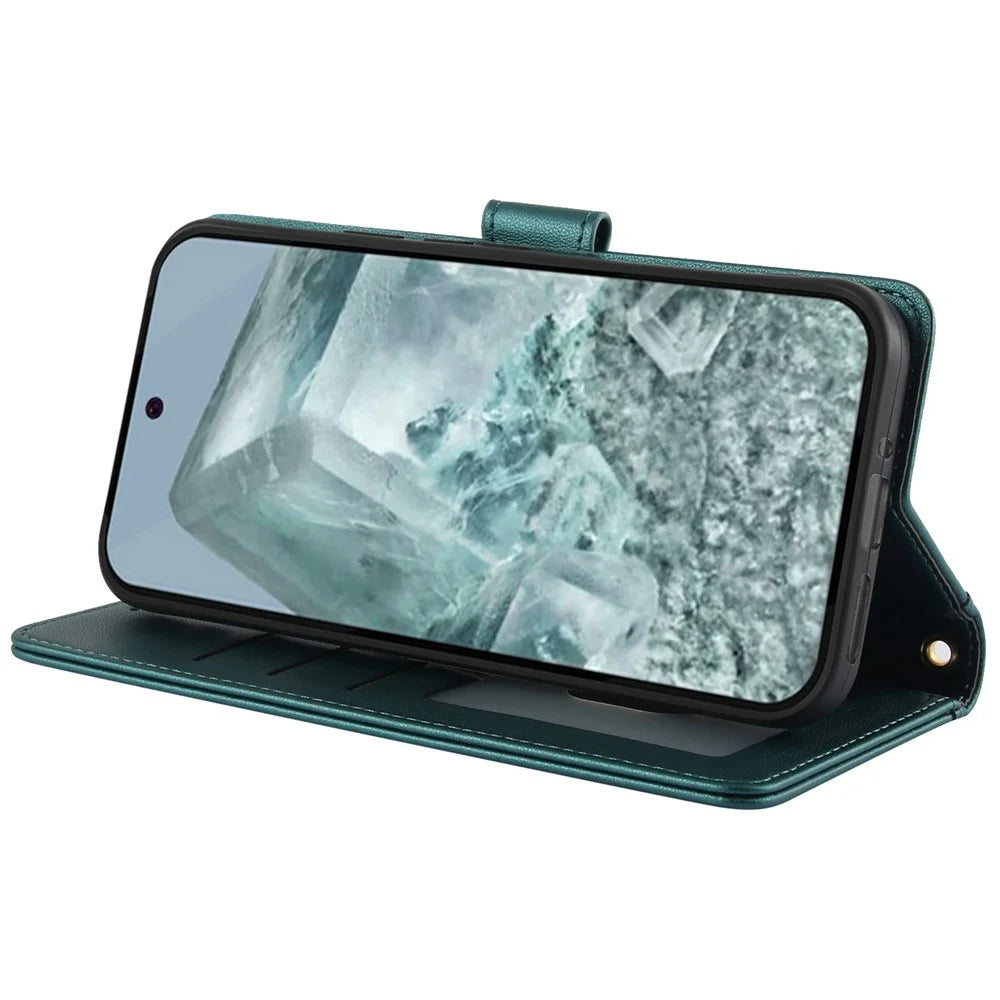 SY-003 For Google Pixel 9 Pro XL Case PU Leather Stand View Phone Wallet Cover with Hand Strap - Green - 4