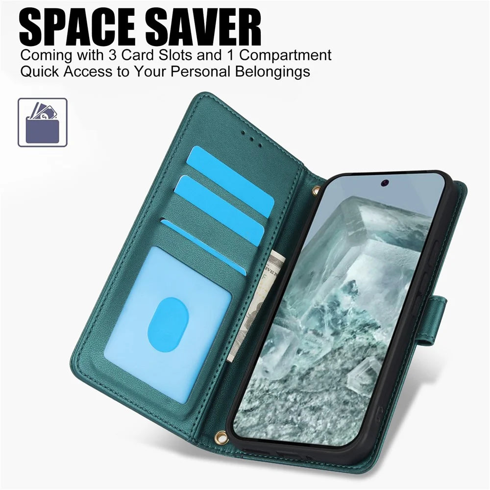 SY-003 For Google Pixel 9 Pro XL Case PU Leather Stand View Phone Wallet Cover with Hand Strap - Green - 5