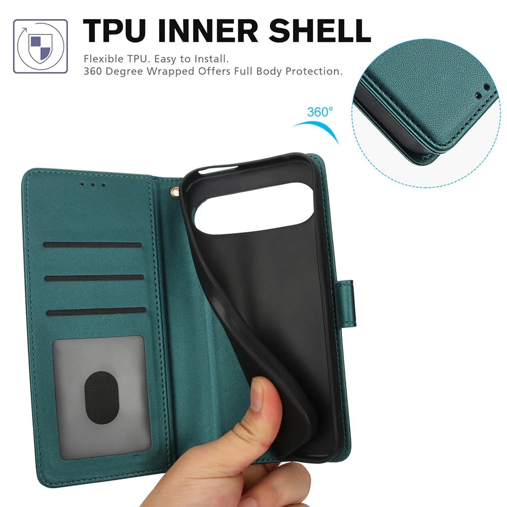 SY-003 For Google Pixel 9 Pro XL Case PU Leather Stand View Phone Wallet Cover with Hand Strap - Green - 6
