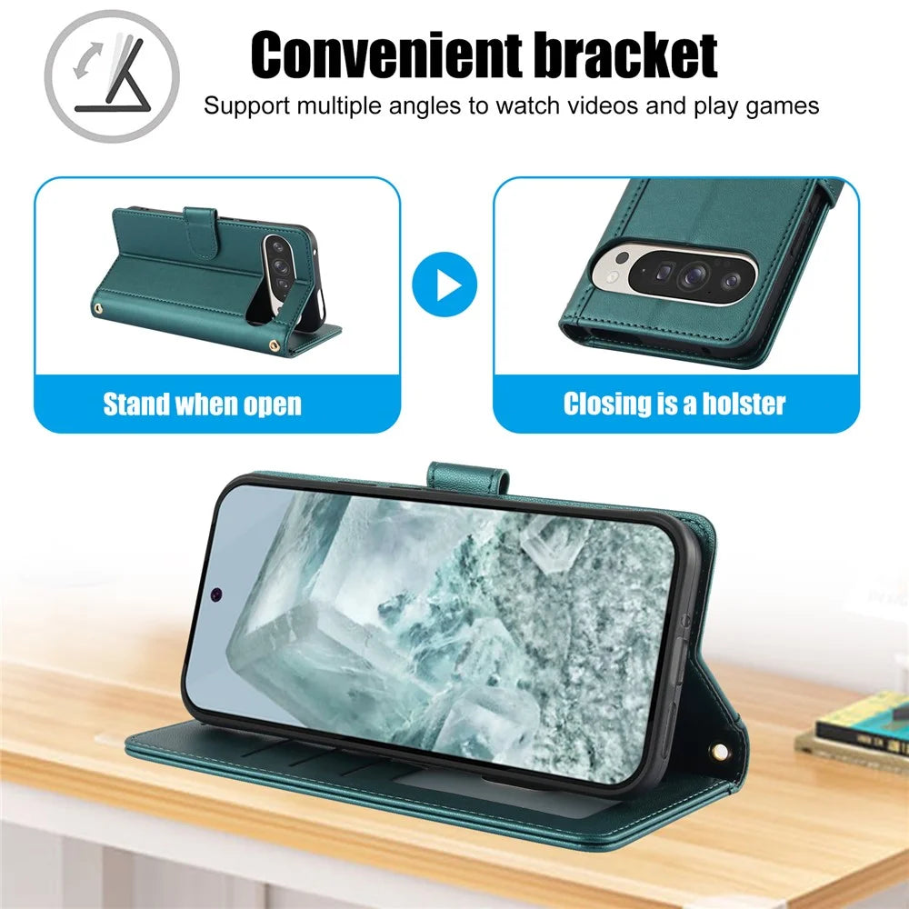 SY-003 For Google Pixel 9 Pro XL Case PU Leather Stand View Phone Wallet Cover with Hand Strap - Green - 7