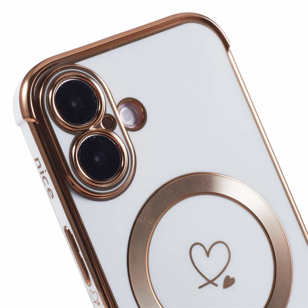 For iPhone 16 Case Compatible with MagSafe Electroplated TPU Phone Cover Hollow Love Hearts - Ivory White - 6