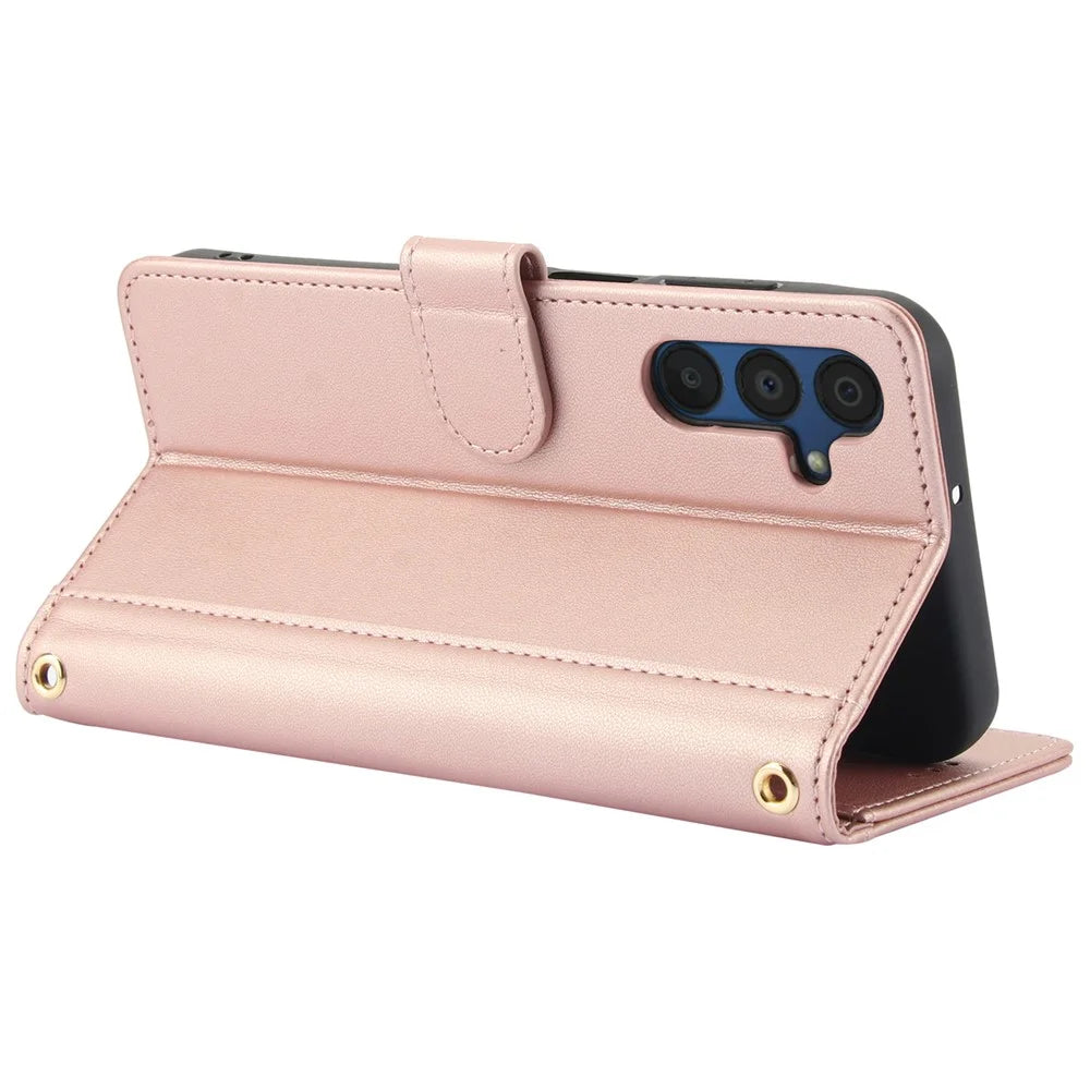 SY-003 For Samsung Galaxy A25 5G (Global) (161.0 x 76.5 x 8.3mm) Case PU Leather Phone Wallet Cover with Hand Strap - Pink - 3
