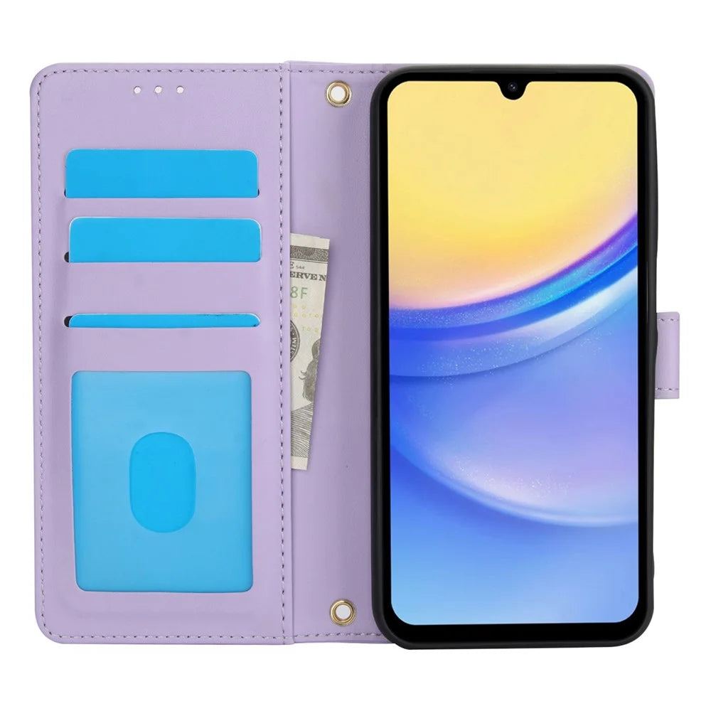 SY-003 For Samsung Galaxy A15 4G / 5G Case PU Leather Stand View Phone Wallet Cover with Hand Strap - Purple - 2