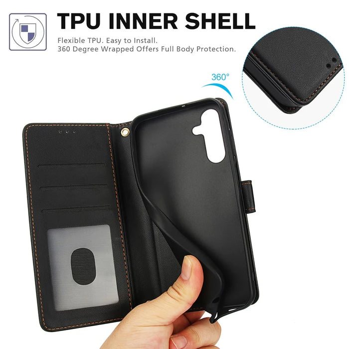 SY-003 For Samsung Galaxy A55 5G Case PU Leather Stand View Phone Wallet Cover with Hand Strap - Black - 6
