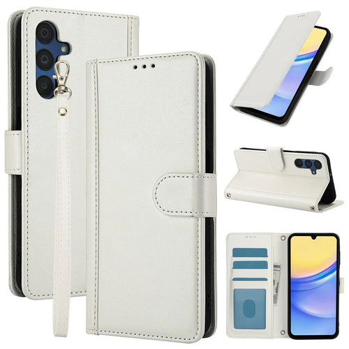 SY-003 For Samsung Galaxy A35 5G Case PU Leather Stand View Phone Wallet Cover with Hand Strap - White - 1