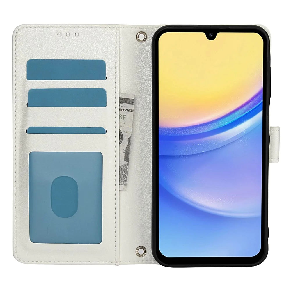SY-003 For Samsung Galaxy A35 5G Case PU Leather Stand View Phone Wallet Cover with Hand Strap - White - 2
