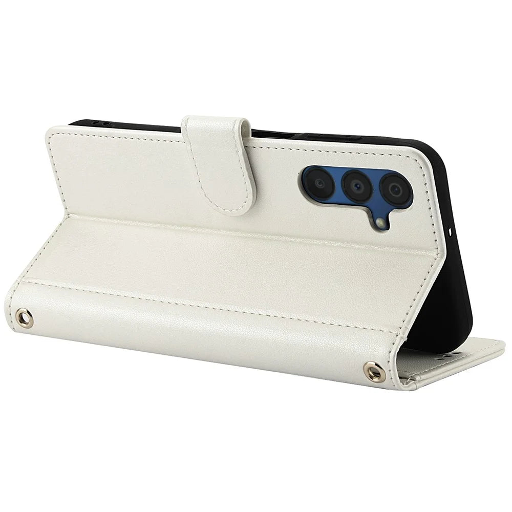 SY-003 For Samsung Galaxy A35 5G Case PU Leather Stand View Phone Wallet Cover with Hand Strap - White - 3